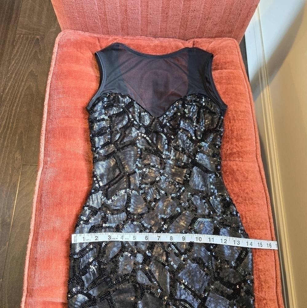 NWT Dress the Population Black Sequin Bodycon Mini Dress Mesh Neckline V Back XS - Picture 12 of 14